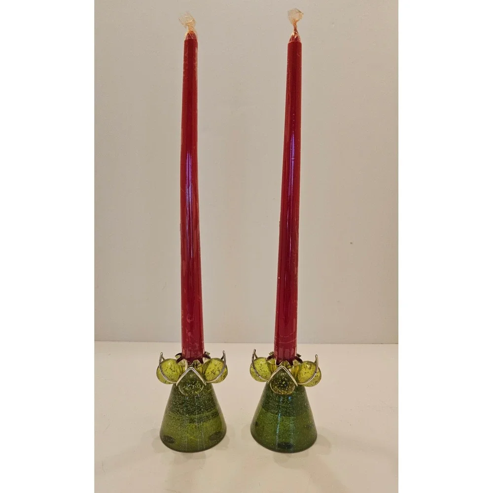 Vintage Olive Green Acrylic Taper Candlestick Holders Seeded Bubble Set of 2